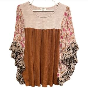 Umgee Pink and Brown Floral Leopard Blouse